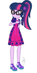 Size: 550x1080 | Tagged: safe, artist:ilaria122, character:twilight sparkle, character:twilight sparkle (scitwi), species:eqg human, episode:i'm on a yacht, equestria girls:spring breakdown, g4, my little pony: equestria girls, my little pony:equestria girls, spoiler:eqg series (season 2), 2019, belt, clothing, cruise outfit, dress, geode of telekinesis, glasses, hairclip, magical geodes, ponytail, san diego comic con, sandals, sdcc 2018, simple background, transparent background