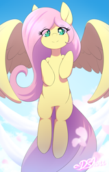 Size: 1223x1920 | Tagged: safe, artist:dshou, character:fluttershy, species:pegasus, species:pony, cute, female, floating, looking at you, mare, shyabetes, solo, spread wings, wings