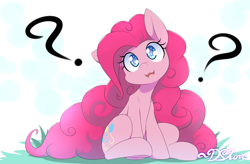 Size: 1920x1256 | Tagged: safe, artist:dshou, artist:nyaseiru, character:pinkie pie, species:earth pony, species:pony, :3, cute, diapinkes, female, mare, open mouth, question mark, signature, simple background, sitting, smiling, solo, white background
