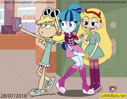 Size: 3687x2879 | Tagged: safe, artist:conikiblasu-fan, character:sonata dusk, equestria girls:rainbow rocks, g4, my little pony: equestria girls, my little pony:equestria girls, clothing, crossover, eating, female, food, leni loud, lockers, selfie, sonataco, star butterfly, star vs the forces of evil, taco, the loud house