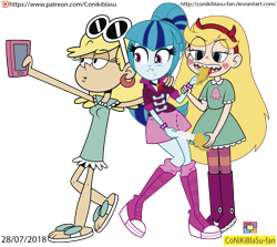 Size: 2943x2630 | Tagged: safe, artist:conikiblasu-fan, character:sonata dusk, equestria girls:rainbow rocks, g4, my little pony: equestria girls, my little pony:equestria girls, clothing, crossover, eating, female, food, leni loud, phone, selfie, simple background, sonataco, star butterfly, star vs the forces of evil, taco, the loud house, transparent background