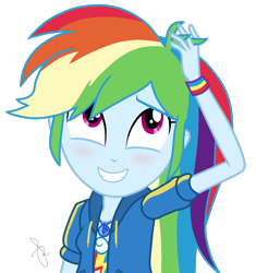 Size: 1024x1090 | Tagged: safe, artist:ilaria122, character:rainbow dash, equestria girls:rollercoaster of friendship, g4, my little pony: equestria girls, my little pony:equestria girls, blushing, clothing, cute, dashabetes, geode of super speed, magical geodes, shirt, simple background, stroking hair, sweatshirt, t-shirt, transparent background