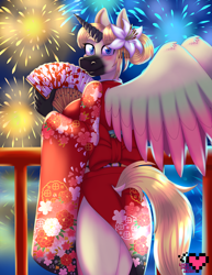 Size: 3400x4400 | Tagged: safe, artist:ladypixelheart, species:anthro, species:pegasus, species:pony, clothing, fan, fireworks, flower, flower in hair, hair accessory, kimono (clothing)