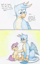 Size: 2001x3175 | Tagged: safe, artist:flicker-show, character:gallus, character:scootaloo, species:griffon, species:pegasus, species:pony, episode:the hearth's warming club, g4, my little pony: friendship is magic, comic, crying, dialogue, empathy, feels, female, filly, friendship, good end, hilarious in hindsight, orphan, sad, sympathy, traditional art, wholesome