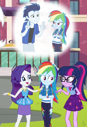 Size: 1680x2460 | Tagged: safe, artist:ilaria122, character:rainbow dash, character:rarity, character:soarin', character:twilight sparkle, character:twilight sparkle (scitwi), species:eqg human, ship:soarindash, g4, my little pony: equestria girls, my little pony:equestria girls, belt, blushing, bow, bracelet, canterlot high, clothing, cute, dashabetes, embarrassed, equestria girls-ified, female, geode of shielding, geode of super speed, geode of telekinesis, glasses, holding arms, jewelry, looking away, magical geodes, male, pants, ponytail, shiplight sparkle, shipper on deck, shipperity, shipping, shirt, simple background, skirt, smiling, straight, sweatshirt, t-shirt, twilight the shipper, wristband