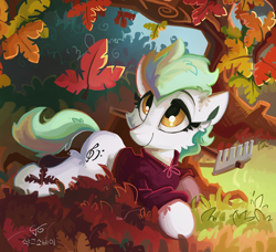 Size: 1280x1168 | Tagged: safe, artist:saxopi, oc, oc only, species:earth pony, species:pony, autumn, clothing, cute, ear fluff, female, leaves, mare, ocbetes, rake, solo, sweater, tree