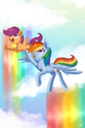 Size: 1068x1596 | Tagged: safe, artist:lightning-stars, character:rainbow dash, character:scootaloo, species:pegasus, species:pony, g4, cloud, cloudy, flying, rainbow, scootalove