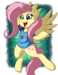 Size: 2550x3300 | Tagged: safe, artist:latecustomer, character:fluttershy, species:pegasus, species:pony, clothing, commission, cute, female, high res, mare, open mouth, overwatch, shirt, shyabetes, simple background, smiling, solo, t-shirt, transparent background