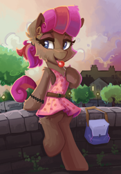 Size: 1280x1827 | Tagged: safe, artist:saxopi, oc, oc only, oc:espress, species:earth pony, species:pony, candy, clothing, dress, food, licking, lollipop, semi-anthro, sundress, tongue out, wristband