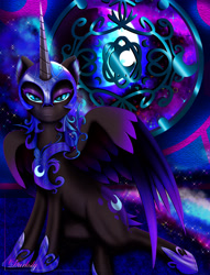 Size: 2940x3858 | Tagged: safe, artist:darksly, character:nightmare moon, character:princess luna, species:alicorn, species:pony, armor, female, helmet, high res, looking at you, mare, moon, solo