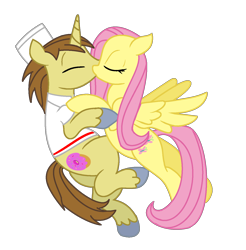 Size: 1370x1390 | Tagged: safe, artist:brianblackberry, artist:moonlightthegriffon, base used, character:donut joe, character:fluttershy, species:pony, bottomless, clothing, female, flutterjoe, kissing, male, partial nudity, shipping, simple background, straight, transparent background