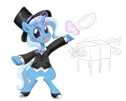 Size: 1301x1041 | Tagged: safe, artist:kaikururu, character:trixie, character:twilight sparkle, character:twilight sparkle (alicorn), species:alicorn, species:pony, species:unicorn, bipedal, chainsaw, clothing, female, hat, magic, magic trick, magician outfit, mare, open mouth, scared, simple background, sweat, telekinesis, top hat, white background