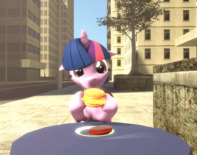 Size: 661x520 | Tagged: safe, artist:fishimira, character:twilight sparkle, character:twilight sparkle (alicorn), species:alicorn, species:pony, 3d, animated, burger, city, cute, eating, female, floppy ears, food, hay burger, solo, source filmmaker, twiabetes, twilight burgkle