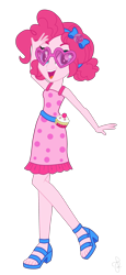 Size: 1448x3156 | Tagged: safe, artist:ilaria122, artist:pupkinbases, character:pinkie pie, episode:i'm on a yacht, equestria girls:spring breakdown, g4, my little pony: equestria girls, my little pony:equestria girls, spoiler:eqg series (season 2), bow, clothing, cruise outfit, dress, feet, female, geode of sugar bombs, hair bow, high heels, magical geodes, open mouth, pigtails, sandals, shoes, simple background, solo, sunglasses, transparent background