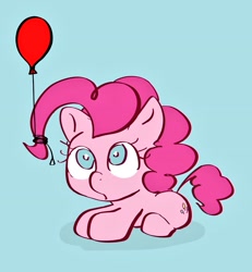 Size: 946x1024 | Tagged: safe, artist:noupu, character:pinkie pie, species:pony, balloon, blue background, cute, diapinkes, female, looking at something, mare, prone, simple background, solo
