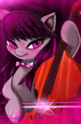 Size: 2940x4480 | Tagged: safe, alternate version, artist:darksly, character:octavia melody, species:earth pony, species:pony, beautiful, bow (instrument), cello, female, hoof hold, mare, musical instrument, necktie, pretty, purple eyes, smiling, solo, sparkles