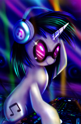 Size: 3150x4800 | Tagged: safe, artist:darksly, character:dj pon-3, character:vinyl scratch, species:pony, species:unicorn, female, headphones, lights, mare, rave, solo, sunglasses, turntable