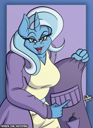 Size: 1024x1408 | Tagged: safe, artist:sketchybug, character:trixie, species:anthro, species:pony, species:unicorn, clothing, female, mare, smoke bomb, solo, trenchcoat