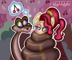 Size: 908x768 | Tagged: safe, artist:snakeythingy, character:cherry jubilee, blushing, cherry orchard, coils, crossover, kaa, kaa eyes, licking, massage, mind control, peril, python, snake, story included, the jungle book, tongue out