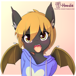 Size: 650x650 | Tagged: safe, artist:hoodie, oc, oc:solar flux, species:anthro, species:bat pony, species:pony, blushing, clothing, cute, ear fluff, heart, hoodie, male, solo, stallion, tongue out, wings