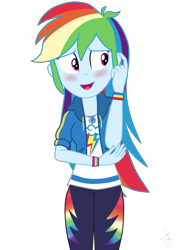 Size: 2347x3258 | Tagged: safe, artist:ilaria122, character:rainbow dash, g4, my little pony: equestria girls, my little pony:equestria girls, blushing, clothing, cute, dashabetes, embarrassed, female, geode of super speed, looking away, magical geodes, nervous, open mouth, pants, shirt, simple background, solo, sweatshirt, t-shirt, transparent background, vector, wristband