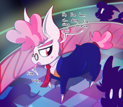 Size: 1981x1732 | Tagged: safe, artist:dragonpone, derpibooru original, character:svengallop, species:earth pony, species:pony, blushing, clothing, club, dialogue, glasses, lidded eyes, looking away, male, necktie, open mouth, raised hoof, regret, silhouette, stallion, suit, sweat
