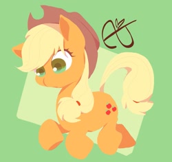 Size: 1629x1536 | Tagged: safe, artist:noupu, character:applejack, species:earth pony, species:pony, chibi, clothing, cowboy hat, female, green background, hat, mare, simple background, solo