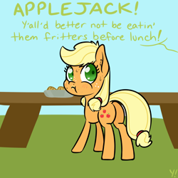 Size: 2000x2000 | Tagged: safe, artist:yakoshi, character:applejack, species:earth pony, species:pony, newbie artist training grounds, :t, apple fritter (food), atg 2018, caught, cute, eating, female, filly, food, grammar error, implied granny smith, jackabetes, looking back, nervous, offscreen character, plot, shrunken pupils, solo, sweat, table, text, this will end in grounding