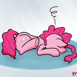 Size: 2000x2000 | Tagged: safe, artist:yakoshi, character:pinkie pie, species:earth pony, species:pony, newbie artist training grounds, atg 2018, exhausted, faceplant, female, gradient background, lying down, mare, passed out, solo, tired, underhoof
