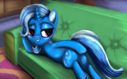 Size: 3897x2434 | Tagged: safe, artist:darksly, character:trixie, species:pony, species:unicorn, episode:on the road to friendship, g4, blushing, couch, draw me like one of your french girls, female, high res, lidded eyes, looking back, mare, plot, prone, solo, underhoof