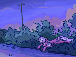 Size: 1024x760 | Tagged: safe, artist:agm, character:cheerilee, species:earth pony, species:pony, bridge, dusk, electric pole, evening, female, mare, river, sad, sky, solo, stars, water