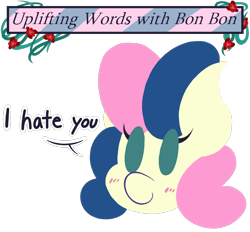 Size: 1400x1300 | Tagged: safe, artist:dragonpone, derpibooru original, character:bon bon, character:sweetie drops, species:earth pony, species:pony, blushing, bon bon is not amused, bust, dialogue, female, i hate you, insult, lineless, mare, portrait, simple background, smiling, solo, transparent background, unamused