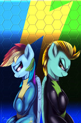 Size: 2940x4430 | Tagged: safe, artist:darksly, character:lightning dust, character:rainbow dash, species:pegasus, species:pony, episode:the washouts, g4, my little pony: friendship is magic, abstract background, clothing, duo, female, mare, rivals, rivals for life, uniform, washouts uniform, wonderbolts uniform