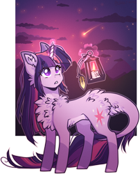 Size: 1450x1797 | Tagged: safe, artist:tenebristayga, character:twilight sparkle, species:pony, species:unicorn, butt fluff, candle, cheek fluff, chest fluff, cloud, ear fluff, female, fluffy, glowing horn, horn, lantern, leonine tail, magic, mare, mountain, shooting star, silhouette, simple background, solo, standing, stars, telekinesis, transparent background
