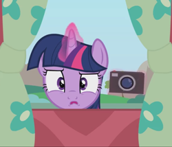Size: 1262x1080 | Tagged: safe, artist:forgalorga, edit, edited screencap, screencap, character:twilight sparkle, species:pony, camera, disgusted, female, glowing horn, horn, levitation, magic, mare, reaction image, she knows, spying, telekinesis
