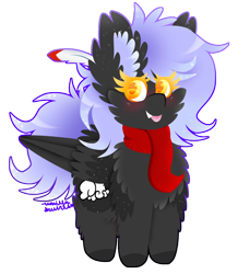 Size: 810x930 | Tagged: safe, artist:vanillaswirl6, oc, oc only, oc:cloudy night, species:pony, blep, chest fluff, clothing, colored hooves, colored pupils, feather, fluffy, freckles, gift art, scarf, signature, silly, simple background, tongue out, transparent background