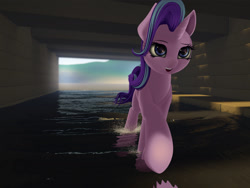 Size: 2400x1800 | Tagged: safe, artist:styroponyworks, character:starlight glimmer, species:pony, species:unicorn, 3d, blender, bridge, female, mare, open mouth, sunlight, walking, water
