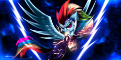 Size: 4800x2400 | Tagged: safe, artist:darksly, character:rainbow dash, character:zapp, species:pegasus, species:pony, episode:power ponies, g4, my little pony: friendship is magic, amulet, electric dash, female, jewelry, lightning, mare, mouth hold, solo, spread wings, wings