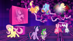 Size: 1920x1080 | Tagged: safe, artist:brutalweather studio, artist:dashiemlpfim, character:applejack, character:fluttershy, character:pinkie pie, character:rainbow dash, character:rarity, character:spike, character:starlight glimmer, character:twilight sparkle, character:twilight sparkle (alicorn), oc, oc:princess dark matter, species:alicorn, species:pony, my little pony:equestria girls, bondage, clothing, electricity, encasement, equestria girls-ified, eyes closed, frozen, glimmer glutes, mane seven, mane six, open mouth, plot, twibutt
