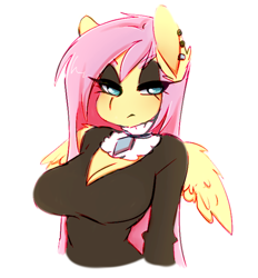 Size: 600x647 | Tagged: safe, artist:tolsticot, character:fluttershy, species:anthro, species:pegasus, episode:fake it 'til you make it, g4, breasts, busty fluttershy, cleavage, cleavage window, clothing, ear piercing, earring, eyeshadow, female, fluttergoth, jewelry, makeup, mare, necklace, piercing, sexy, simple background, solo, sweater, white background