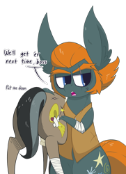 Size: 1264x1742 | Tagged: safe, artist:dragonpone, derpibooru original, character:doctor caballeron, character:rogue, species:earth pony, species:pony, bandage, carrying, clothing, dialogue, duo, ear fluff, eyebrows, henchmen, lidded eyes, male, open mouth, over shoulder, plot, scar, simple background, stallion, transparent background, vest