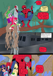 Size: 1024x1452 | Tagged: safe, artist:edcom02, character:apple bloom, character:applejack, character:spike, character:twilight sparkle, comic:fun in the mud, my little pony:equestria girls, boots, bow, crossover, hair bow, hose, human coloration, mud, shoes, spider web, spider-man, train, tree, water