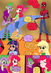 Size: 1024x1465 | Tagged: safe, artist:edcom02, artist:jmkplover, character:apple bloom, character:applejack, character:spike, character:twilight sparkle, character:twilight sparkle (alicorn), species:alicorn, species:pony, comic:fun in the mud, my little pony:equestria girls, belt, boots, bow, cleaning, clothing, cowboy hat, crossover, equestria girls-ified, hair bow, hat, hose, human coloration, jeans, mud, nervous, pants, shirt, shoes, spider-man, washing, water