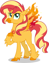 Size: 3226x4112 | Tagged: safe, artist:sugar-loop, character:sunset shimmer, species:classical hippogriff, species:hippogriff, species:phoenix, female, fiery shimmer, fiery wings, fire, geode of empathy, hippogriffied, hybrid, simple background, solo, species swap, sunset shimmer day, transparent background