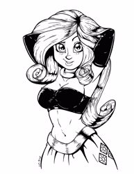 Size: 2550x3300 | Tagged: safe, artist:latecustomer, character:rarity, species:human, my little pony:equestria girls, android 21, arm behind head, armpits, beautiful, beautisexy, belly button, black and white, blushing, breasts, busty rarity, cleavage, clothing, cosplay, costume, dreamworks face, evening gloves, female, gloves, grayscale, humanized, jewelry, long gloves, majin android 21, midriff, monochrome, necklace, seductive, seductive pose, simple background, solo, tube top, white background