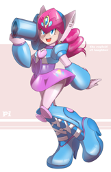 Size: 1741x2682 | Tagged: safe, artist:thegreatrouge, character:pinkie pie, my little pony:equestria girls, axl, clothing, crossover, female, megaman, megaman (character), megaman x, party cannon, reploid, robot, skirt, solo