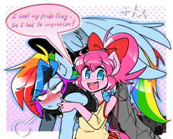 Size: 1000x800 | Tagged: safe, artist:thegreatrouge, character:pinkie pie, character:rainbow dash, species:anthro, bow, clothing, cute, dialogue, diapinkes, holding, implied lesbian, improvisation, open mouth, ponytail, pride, pride flag, skirt, speech bubble, unamused, vest