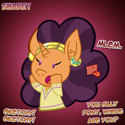 Size: 768x768 | Tagged: safe, artist:snakeythingy, character:saffron masala, oc, oc:sketchy dupe, dialogue, gradient background, mane, mlem, silly, story included, tongue out