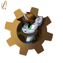 Size: 1500x1500 | Tagged: safe, artist:6editor9, artist:shido-tara, oc, oc only, oc:littlepip, species:pony, species:unicorn, fallout equestria, abstract background, bust, clothing, fanfic, fanfic art, female, gears, horn, mare, portrait, solo, vault suit