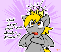 Size: 1339x1140 | Tagged: safe, artist:zutcha, character:derpy hooves, species:pegasus, species:pony, bowsette, crown, cute, female, jewelry, princess derpy, regalia, solo, super crown, text